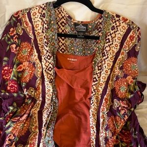 Angie Purple Floral Boho Open Cardigan with Rust Tank